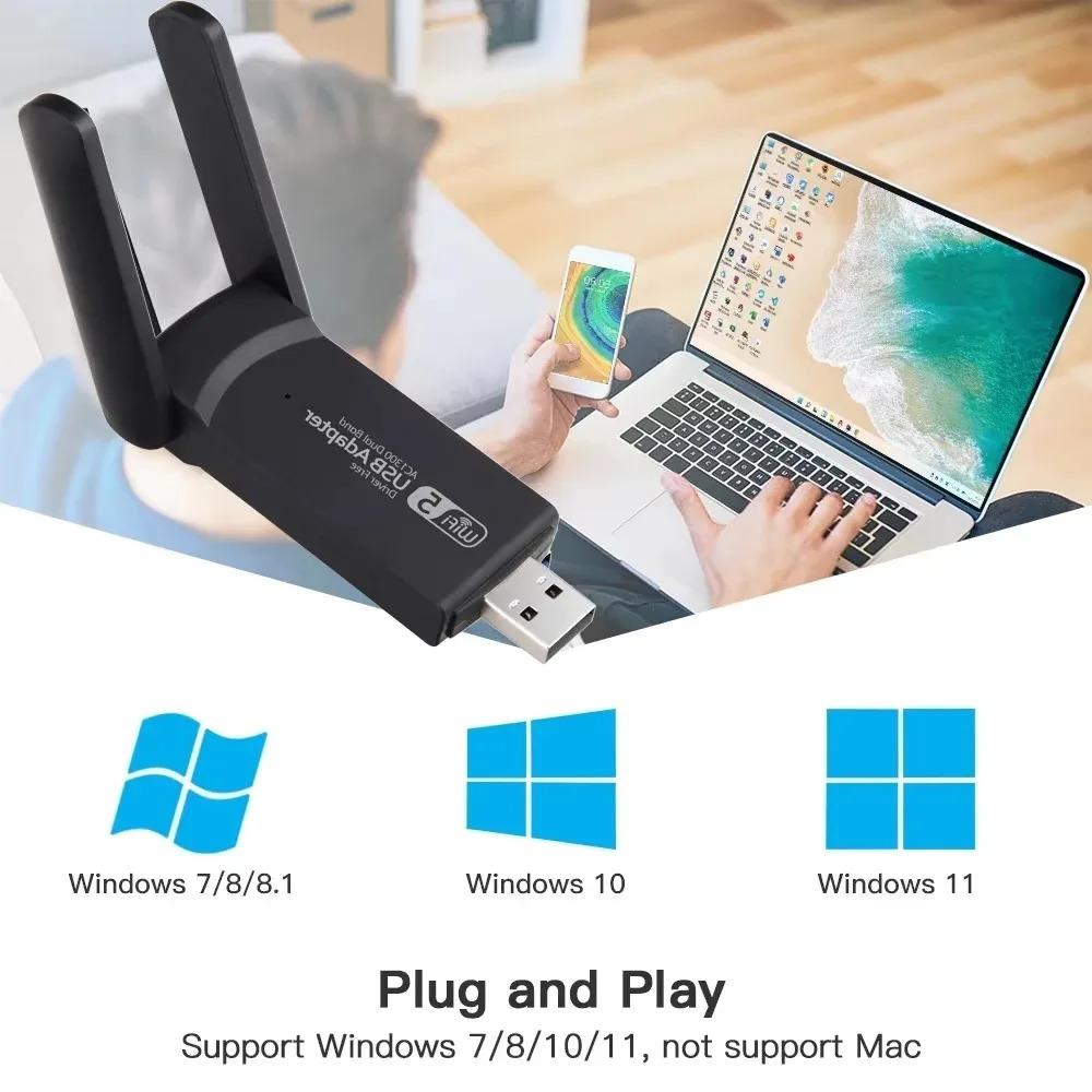 1300Mbps USB WiFi Adapter 2.4G/5GHz Dual Band Network Adapter 802.11AC WiFi 2 Antenna Dongle For PC/Laptop Driver Free Win10/11