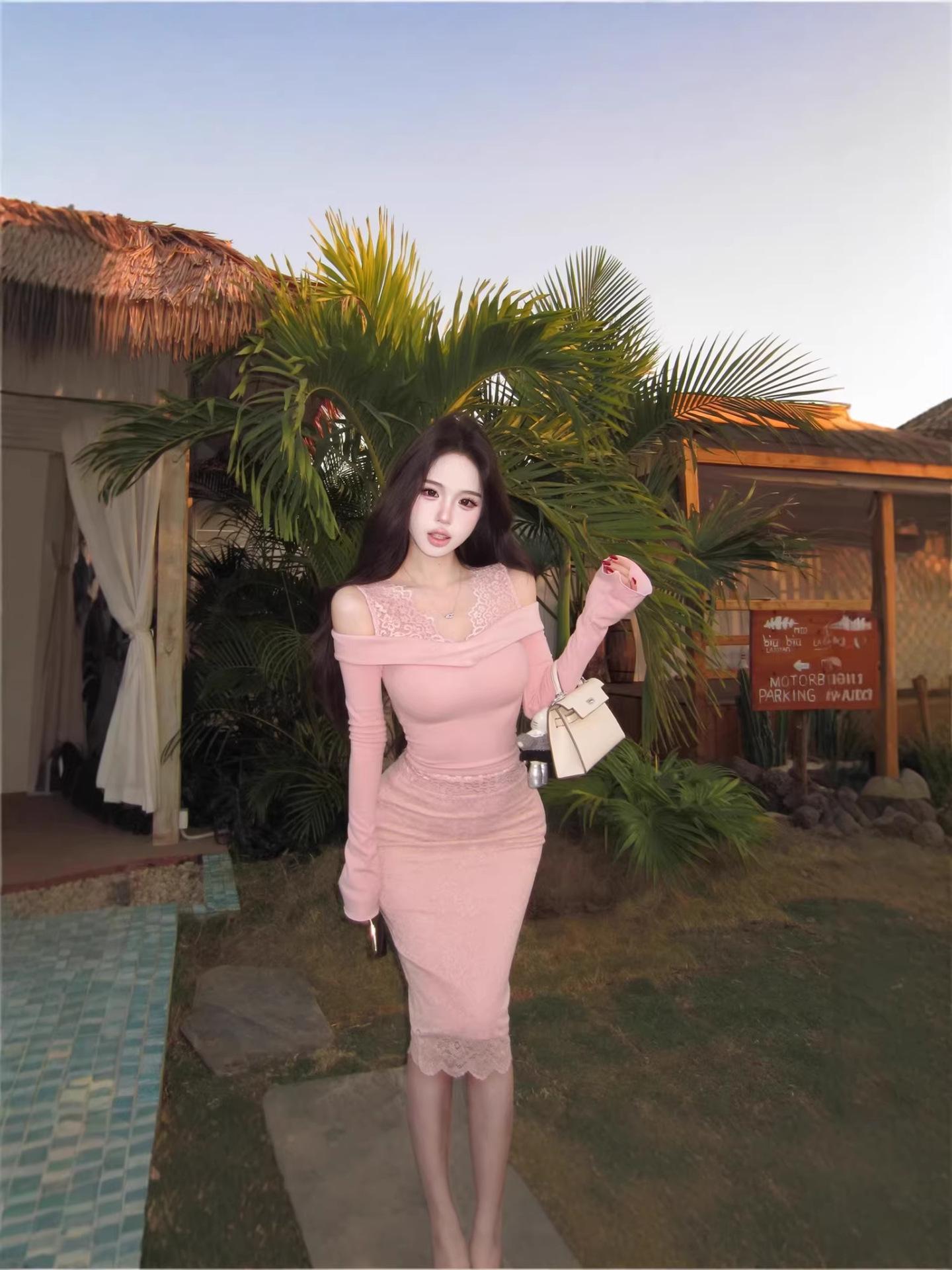 Chic One-Shoulder Lace Trim T-Shirt & Waist-Cinched Hip-Hugging Skirt for Women S