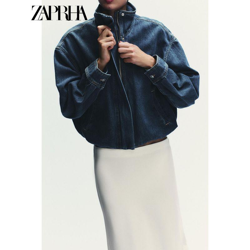 Zaprha 2025 Autumn New Women Fashion Stand Collar Long sleeve Drop Shoulder Denim jacket All-Match Outerwear 1300070