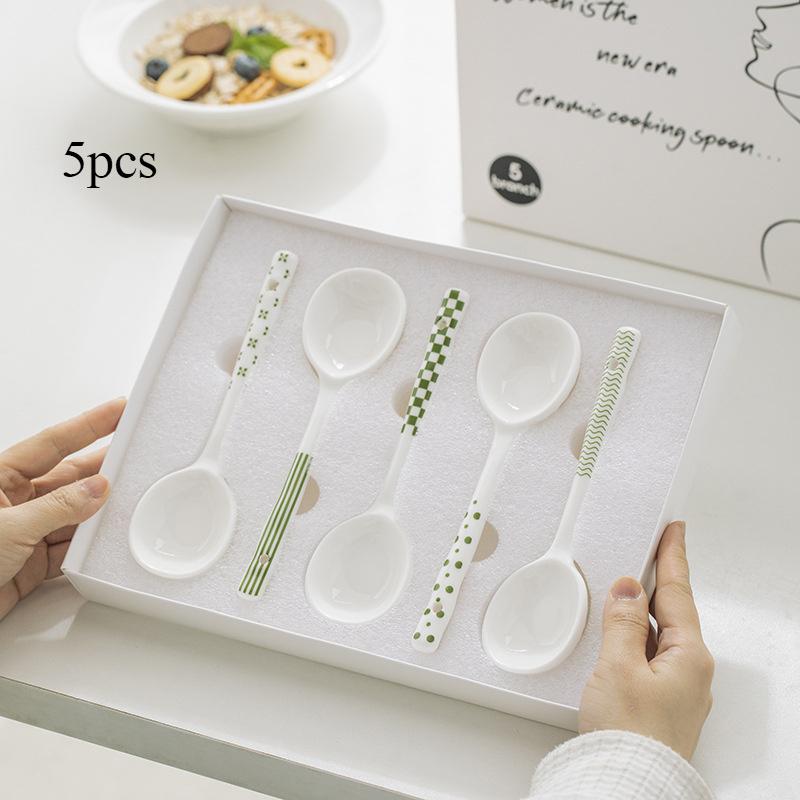 5 st 1 set Högkvalitativa Qingyao keramiska skedar och skedar, hushåll hög utseendenivå, enkla skedar, soppskedar med långt skaft, gröttskedar,