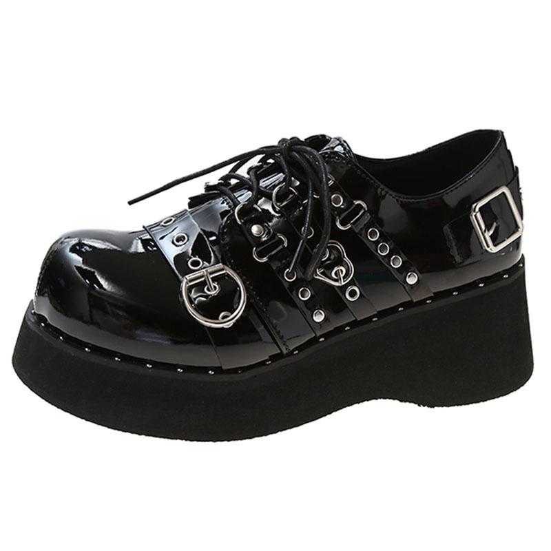 

2024 New Rivet Chunky Platform Mary Janes Women Lace-Up Buckle Thick Bottom Flats Woman Japanese Style Punk Gothic Shoes Girls 38 чёрный