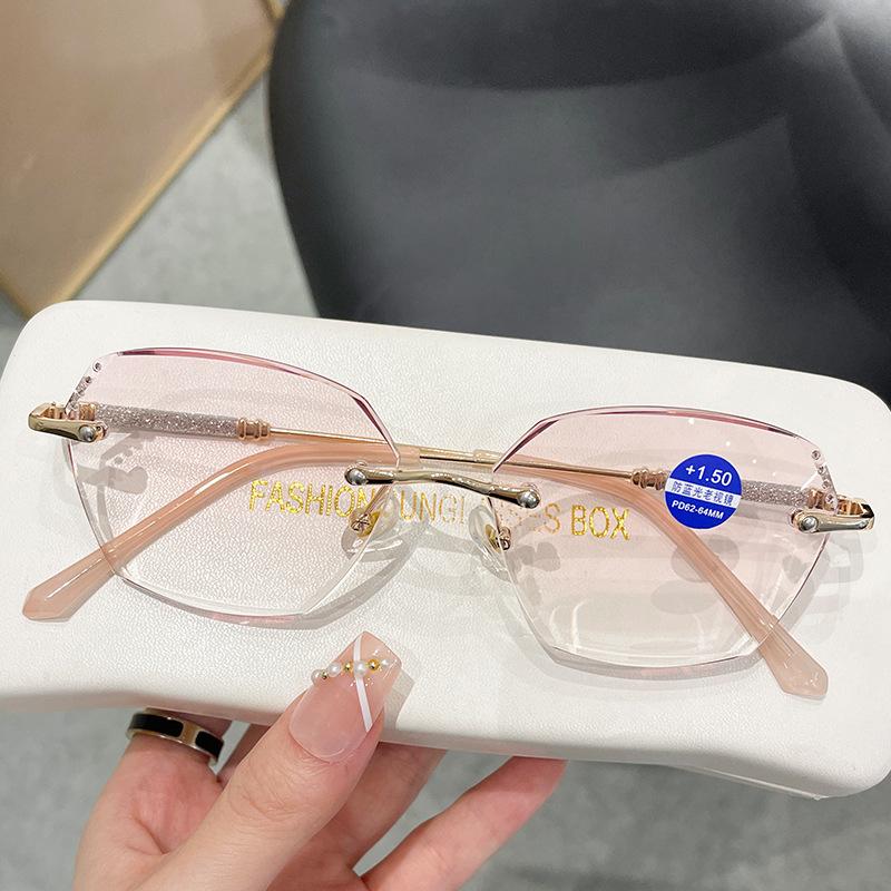 Luxury Women Square Reading Glasses Anti Blue Light Rimless Diamond Cut Far Sight Eyewear Presbyopia