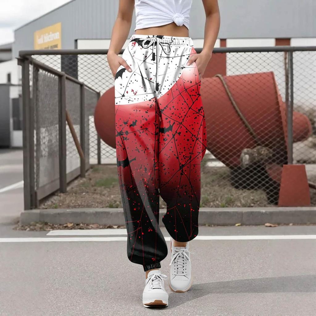 Pantalon de survêtement décontracté à imprimé Halloween pour femme, pantalon de loisirs, taille élastique avec cordon de serrage, pantalon à cordon de serrage