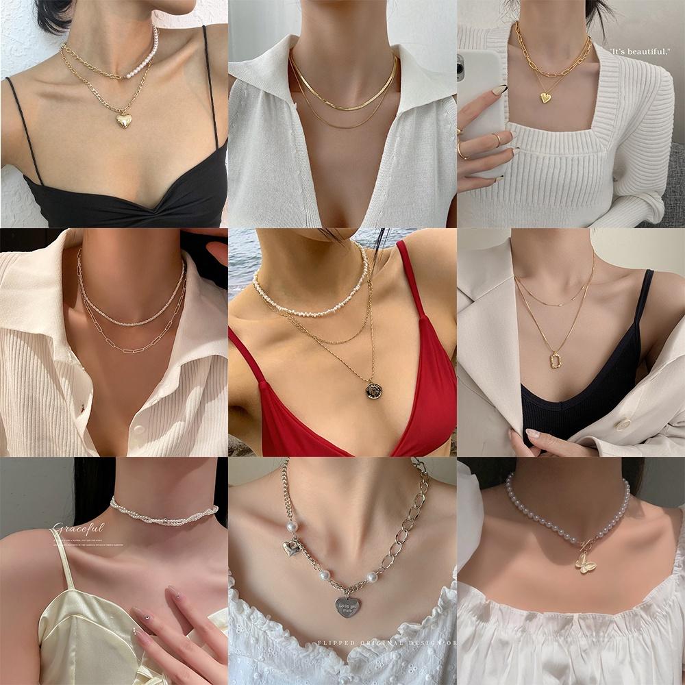 iF ME Fashion Butterfly Lock Heart Pendant Necklace Retro Multilayer Gold Silver Chain Choker for Women Accessories Jewelry