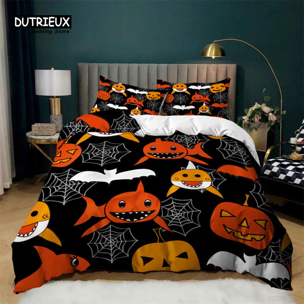 Cartoon Pumpkin Duvet Cover Gothic Halloween Skull Bedding Set Polyester Lantern Ghost Comforter Cover King For Boys Girls Decor