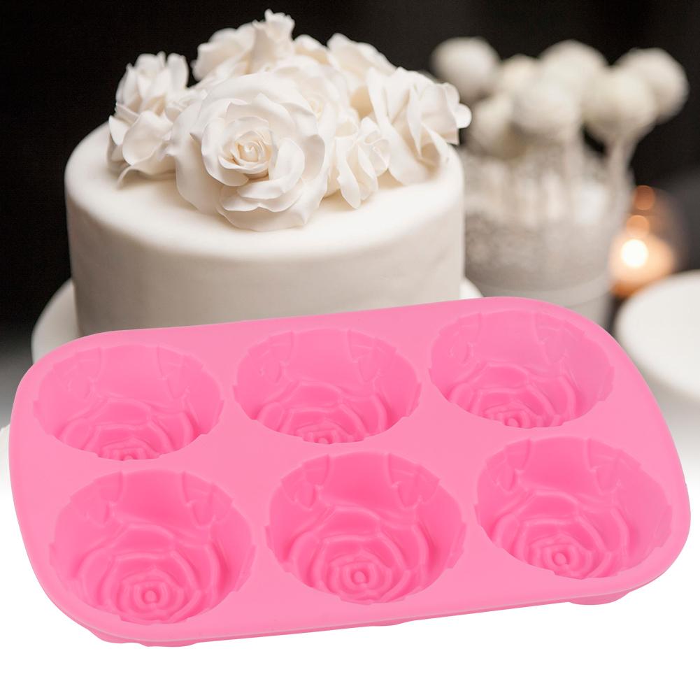 6-Hohlraum Rosenförmige Silikon Pudding Schokoladenkuchen Form Mikrowellen- Gefrierschrankfest Rosa