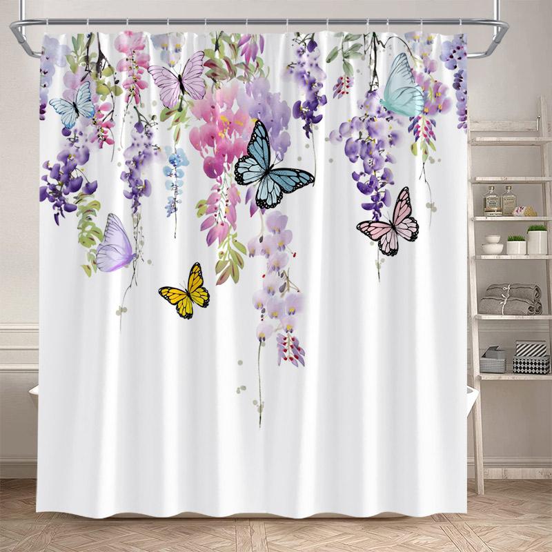 Butterfly Floral Shower Curtains Watercolor Purple Lavender Hummingbird Dragonfly Flower Plant Bathroom Curtain Decor with Hooks