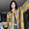 Women's Petite Yellow Plaid Long-Sleeve Shirt Jacket - American Style, Loose Fit for Spring & Autumn