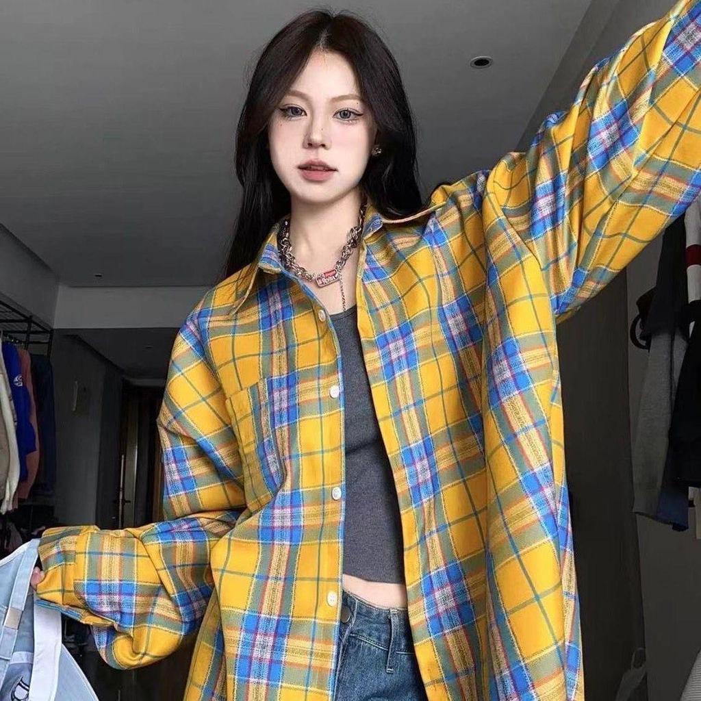 Women's Petite Yellow Plaid Long-Sleeve Shirt Jacket - American Style, Loose Fit for Spring & Autumn