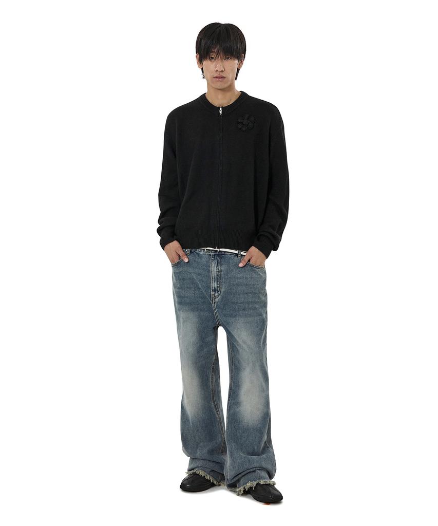 Openyard(Oy) Flower Corsage Zip Up Knit Cardigan - Black