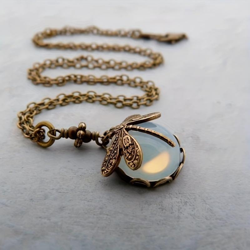 1Pcs Carving Blue Stone Accessories Vintage Bronze Color Dragonfly Women Necklaces And Pendants