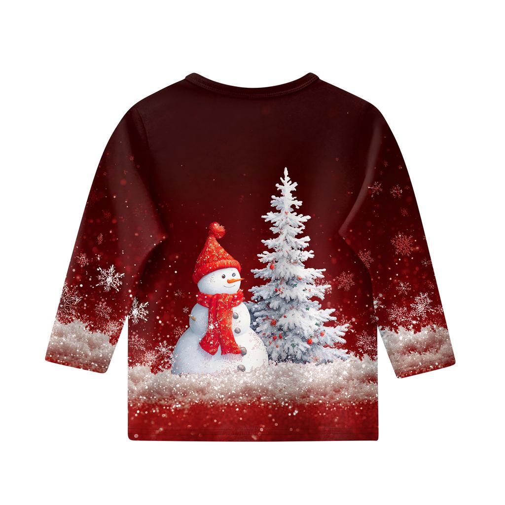 Christmas Day Print Tops For Youth Girls 4-11 Years Round Neck 3/4 Sleeves T-Shirts Trendy Tops Outfit Tees