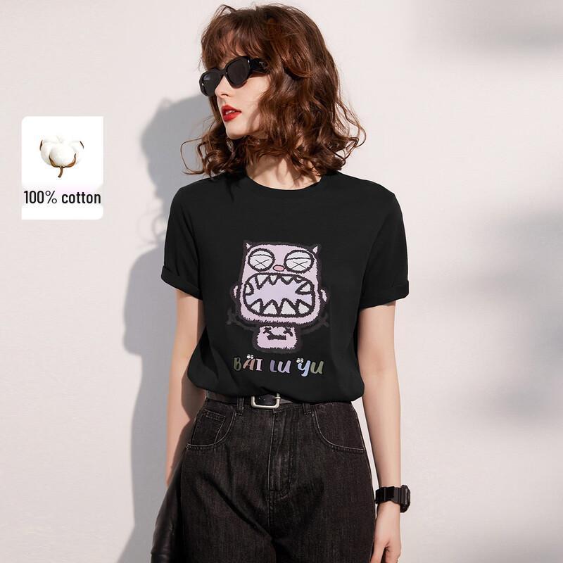 Bailuyu Women's Cotton Crew Neck Cartoon Print T-Shirt