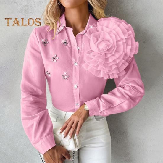 Koszula damska z klapami, długim rękawem, jednorzędowa, jednokolorowa, z trójwymiarowymi kwiatami i kryształkami