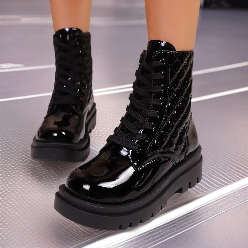 

New Women s Lace Up Round Toe Platform Ankle Boots Fashion Checkered Martin Boots Chunky Sole Short Booties 36 чёрный