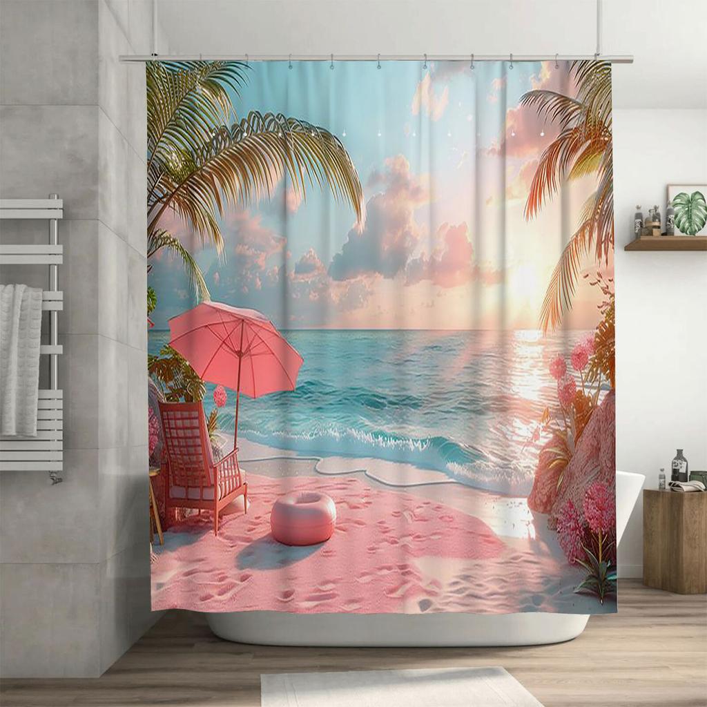 Tropical Beach Sunset Waterproof Shower Curtain Heat Resistant Machine Washable Non-Transparent 180x180cm