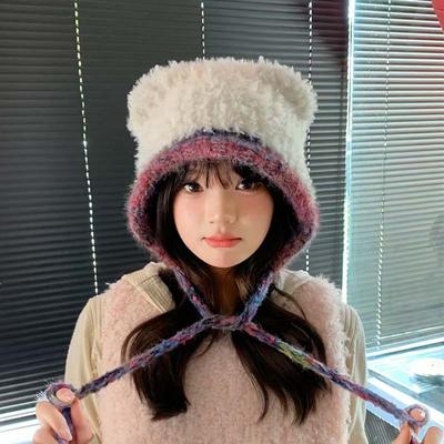 New Mixed Color Strap Bear Ear Plush Hat for Women's Winter Warm Ear Protection Knitted Wool Hat Pullover Hat