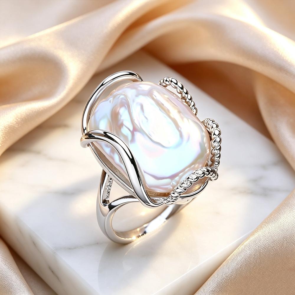 LSOOYH Süßwasser Große Barockperlen Ringe Für Damen Klassisch Silber Gold Farbe Party Ring Perlen Schmuck