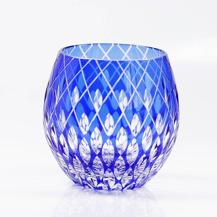 Handmade Edo Kiriko round Curved Rocks Glass Tumbler Colorful Japanese Style Whiskey Glasses with Gift Box for Cocktail Lovers
