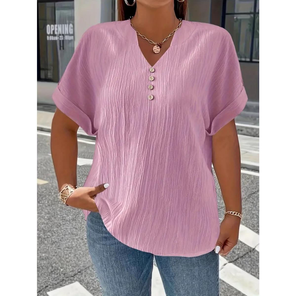 

Женская футболка больших размеров на все четыре сезона с короткими рукавами и пуговицами, однотонная, элегантная и модная, в стиле кэжуал 5XL розовый