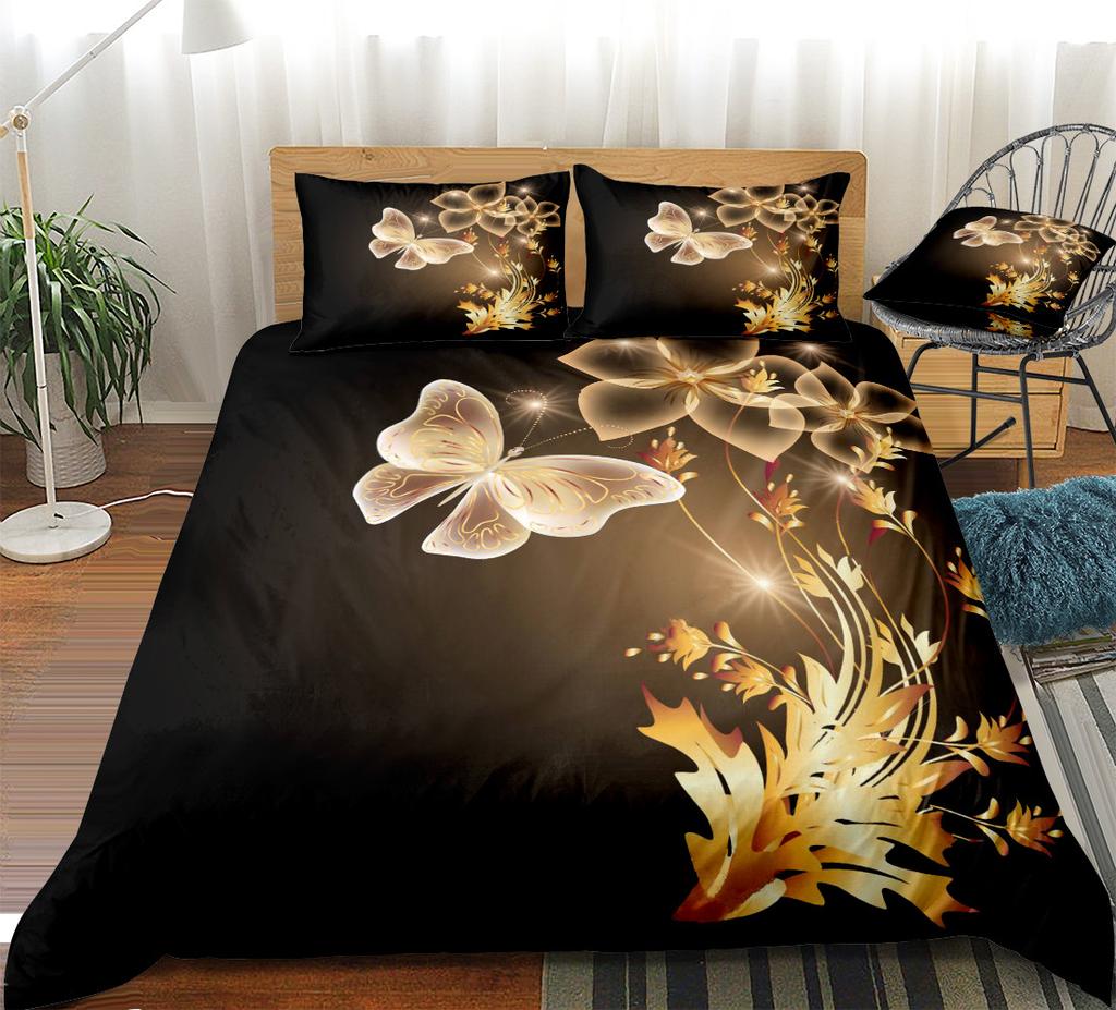 Comforter Butterfly King/Queen Size Bedding Sets For Women Golden Butterfly Black Flower Butterflies Polyester
