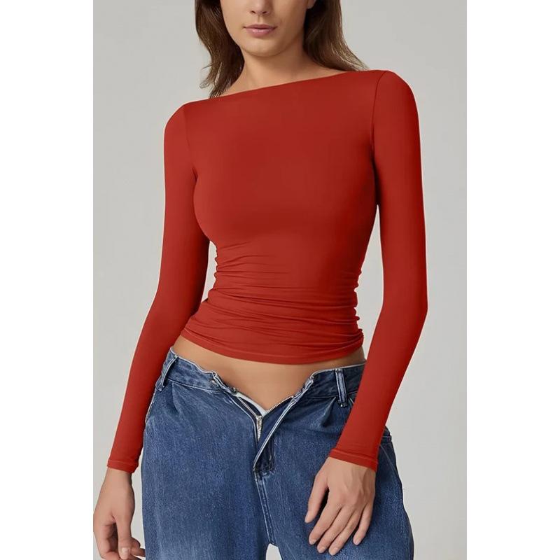 Women s Square Neck Long Sleeve Open Back Top Slim Fit Urban Style Casual Basic Tee S красный