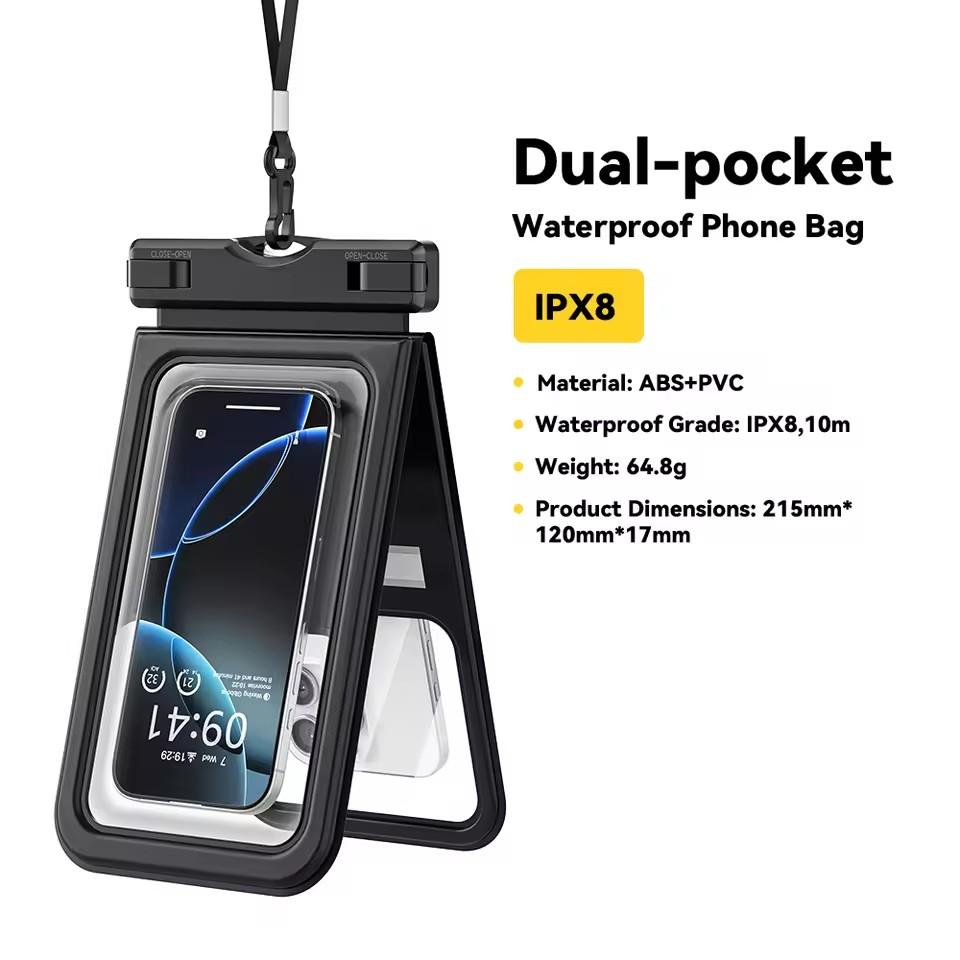 Essager Custodia Impermeabile IPX8 a Doppia Tasca per iPhone16 15 14 13 Borsa Stagna Galleggiante per Snorkeling Spiaggia Nuoto Copertura Universale