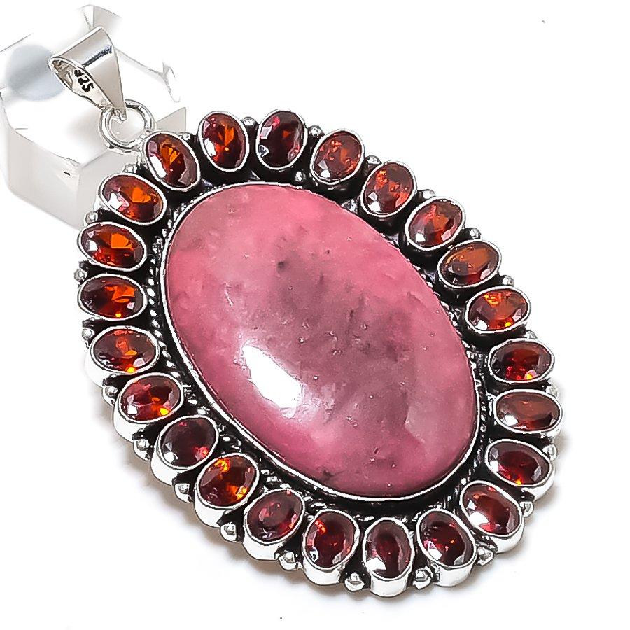 Natural Pink Thulite, Garnet 925 Sterling Silver Jewelry Pendant 2.96" ETC-13778