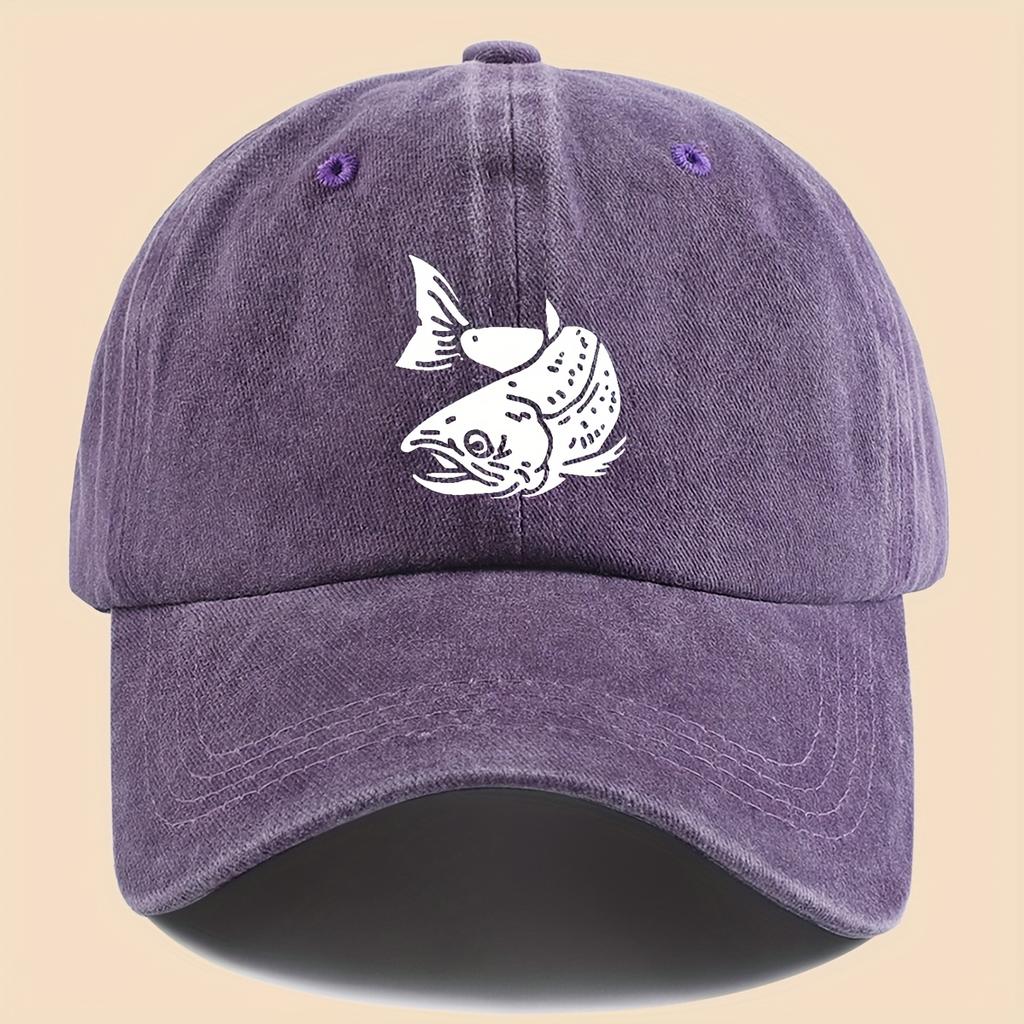 Cartoon Fish Print Baseball Cap Vintage Washed Adjustable Fishing Hat Men Women Hip-hop Hat Outdoor Retro Sun Protection Hat