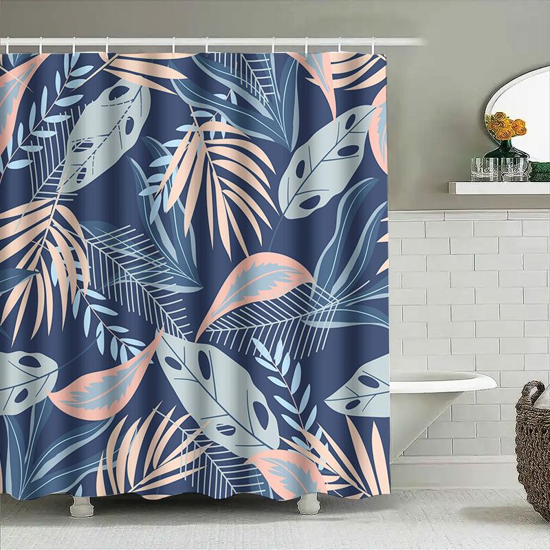 Modern Tropical Blue Pink Feather Shower Curtain for Bathroom Decor Navy Floral Pattern Waterproof Fabric Size180x245cm (70x96