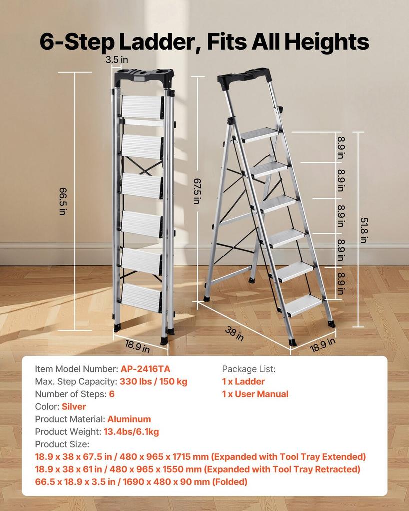 6 Step Ladder, Folding Step Stool with Wide Anti-Slip Pedal and Comfort Handgrip, 150 kg Capacity Portable Aluminum Stepladder, Multi-Use for Kitchen,
