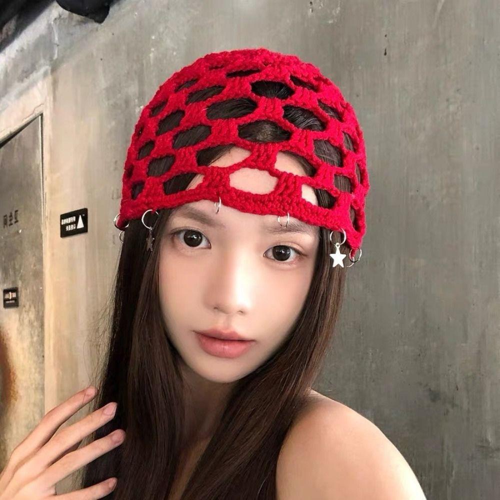 Breathable Knit Knitted Beanie Cap Hollow Design Bohemian Head Wrap  Casual Wear