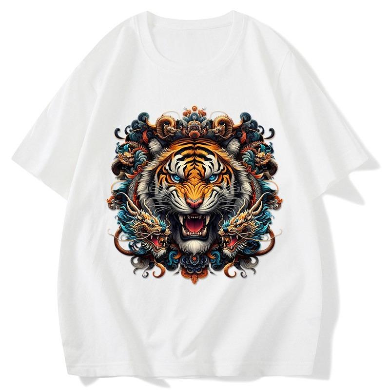 

New trendy tigerhead printed dragon motif tshirt for Unisex and Women pure cotton shortsleeved top for summer 2026 Streetwear S