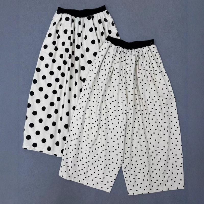

Johnature Japanese Lazy White Polka Dot Wide Leg Pants Women Summer Thin Loose Casual Cropped Pants One Size чорний