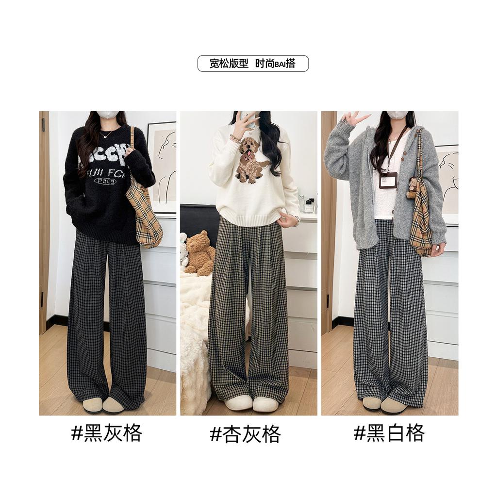 Black and gray plaid pants children's new autumn high waist drape loose casual small woolen wide-leg pants
