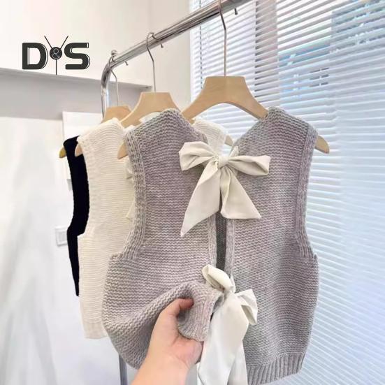 Women Knitted Vest Round Neck Sleeveless Crop Tank Back Bow Tie Decor Hollow Back Solid Color Sweater Vest