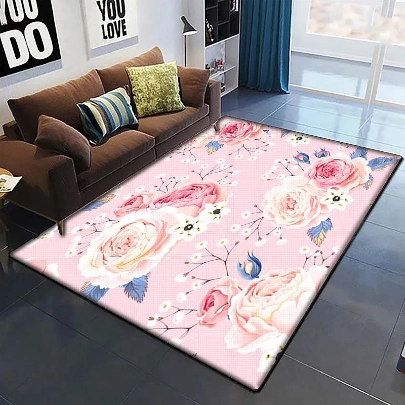 Rose Flower Print Carpet Living Room Rugs Anti-Slip Bedroom Bathroom Home Sofa Decor Floral Floor Mats Balcony Hallway Doormat