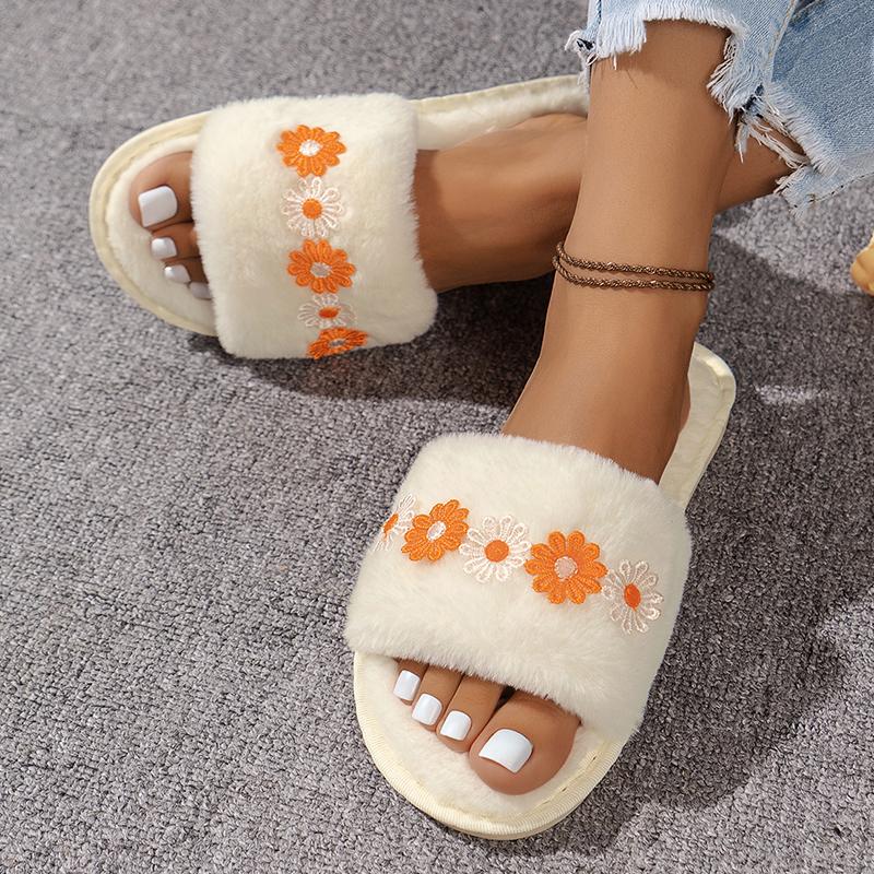 Fashion Fashion Flower Decor Cotton Slippers Women Soft Sole Warm Indoor House Slides Woman Winter Open Toe Non Slip Plush Slippers 2025