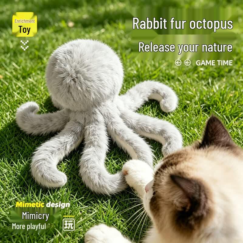 HELLOJOY Cat Teaser Toy with Rabbit Fur Octopus Head