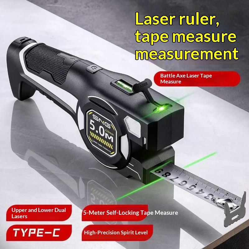 3-In-1 Laser Tape Measure 5M/16Ft, Green Laser, Type-C Charging, Auto Lock, Bubble Level For Diy, Construction & Home