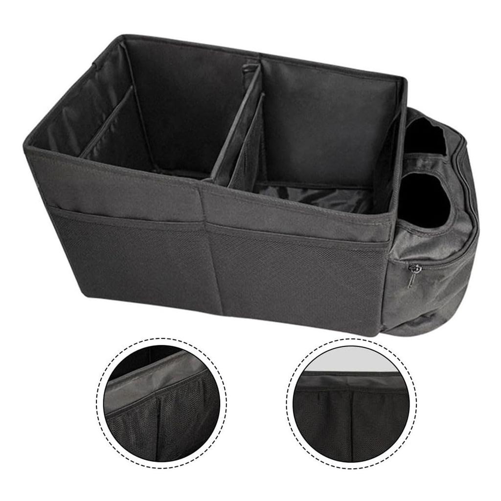Car Storage Box With Dividers And Cup Holders For Front Or Rear Seats, Foldable Design For Easy Storage And Improved Vehicle Organization