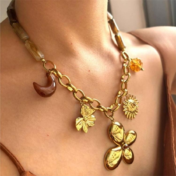 Fashionable Floral Sun Resin Beaded Necklace Retro Clavicle Chain Stainless Steel Neck Jewelry For Women