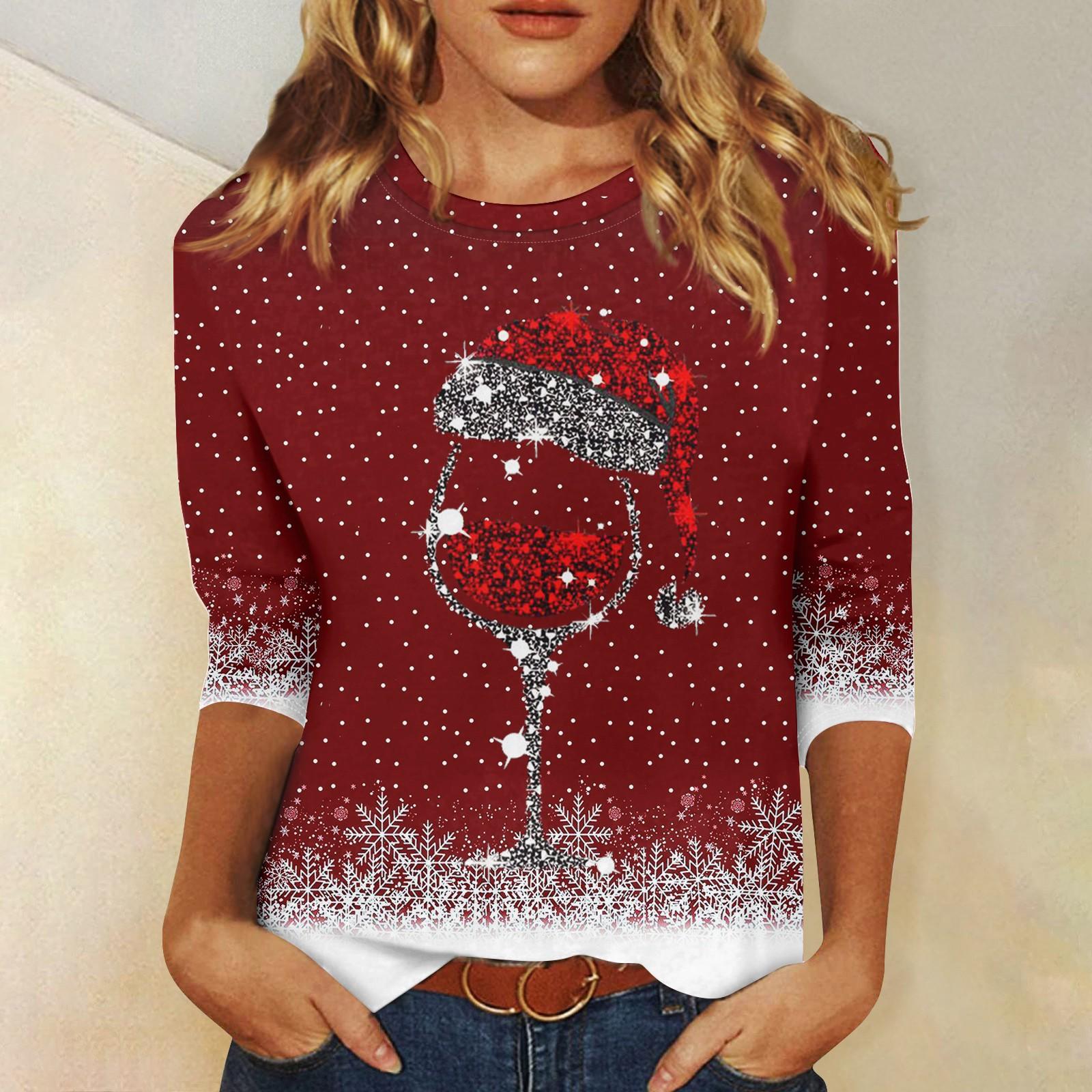 

Рубашки с рукавом 3/4 для женщин, милые футболки с графическим принтом, блузки, повседневные, больших размеров, базовые топы, пуловеры на Рождество XL винный