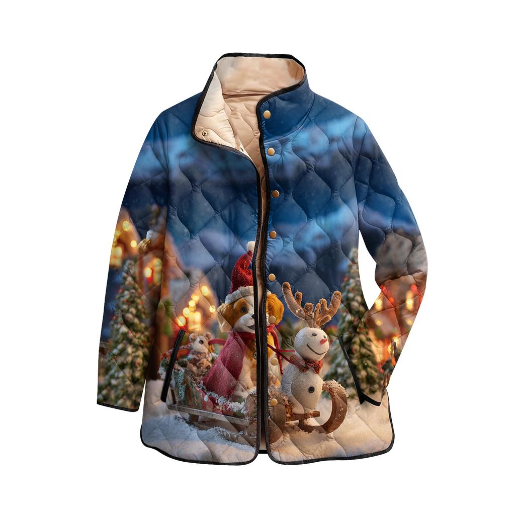 Dámský vánoční potisk s vysokým límcem polstrovaný bavlněný kabát s dlouhým rukávem a zapínáním na knoflíky