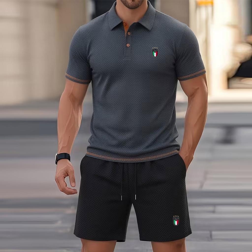 Basic Polo Shorts 2Pack Set,3Button Knit Color-Blocked Cuffs, Versatile Style for Men's Work and Sports