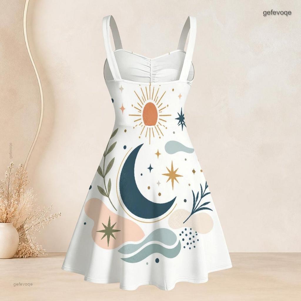 Women Plus Size Spaghetti Strap Off Shoulder Dress Constellation Shooting Star Celestial Print Swing Dress