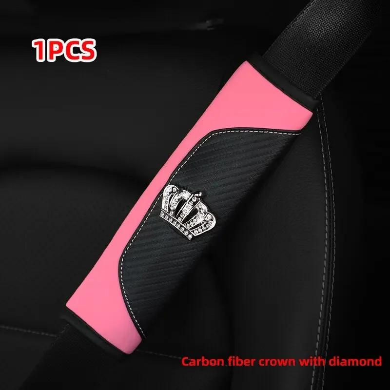 Car Seat Belt Cover Shoulder Pad Leather Seat Belt Crown Crystal Rhinestones Seat Safety Belt Case For Car Shoulder Strap Pad