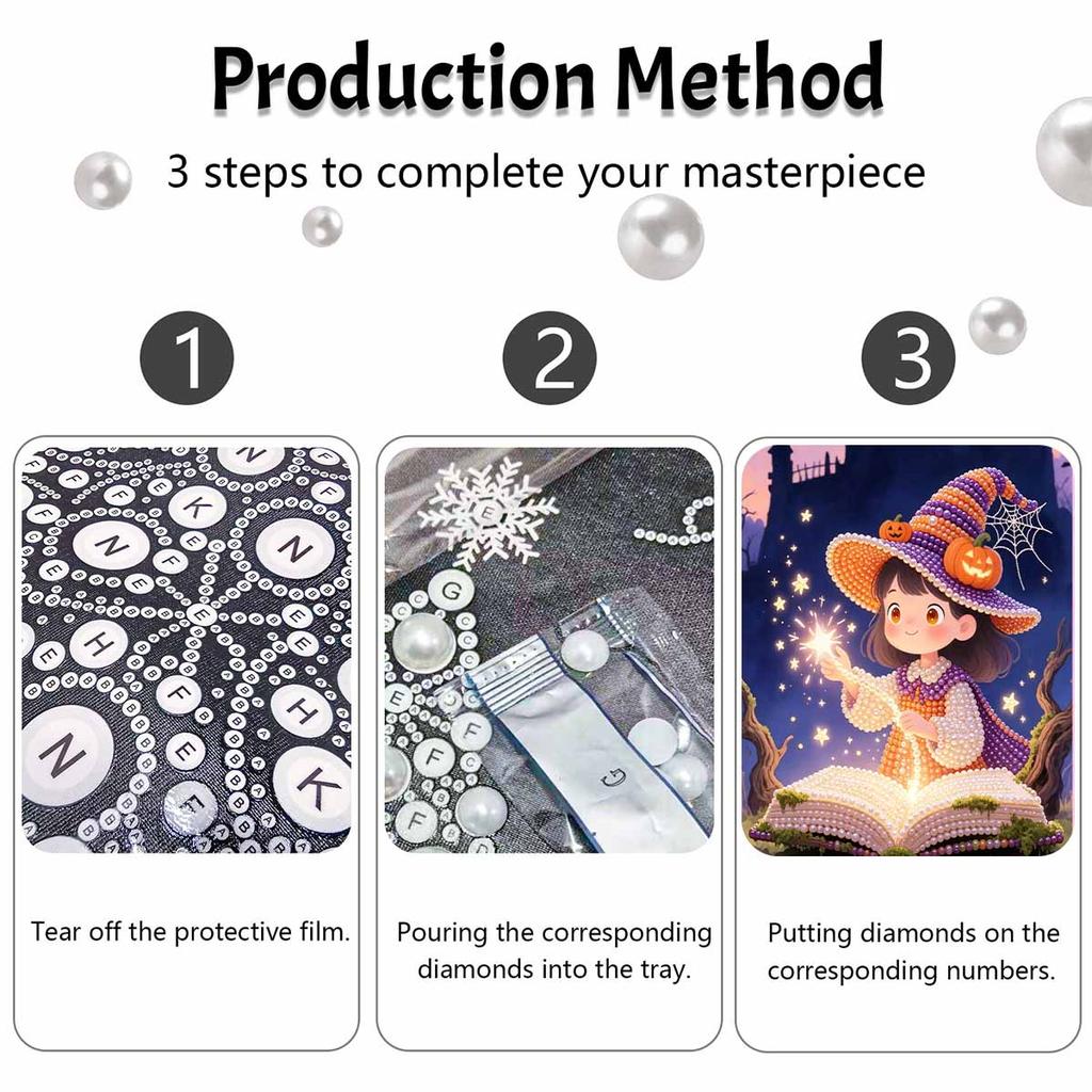 Pearl Painting DIY Kit Frameless Halloween Little Witch Pattern Shiny Bead Art Canvas Creative Wall Decor Holiday Gift Craft