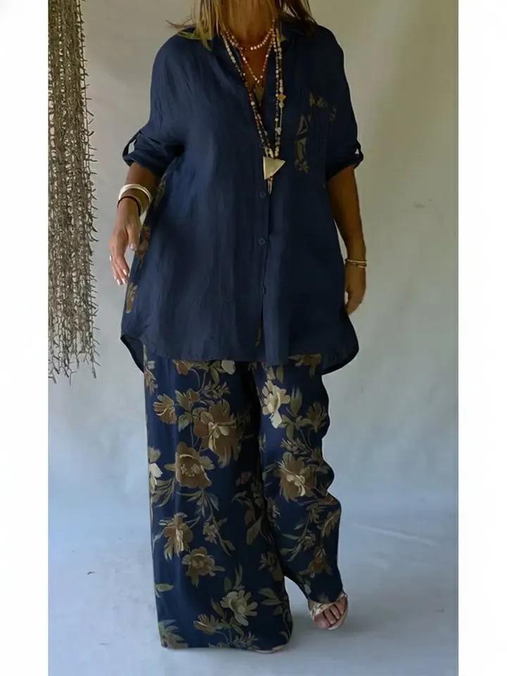 Spring Women's Floral Print Mid-Length Sleeve Top & Long Pants Set 2026