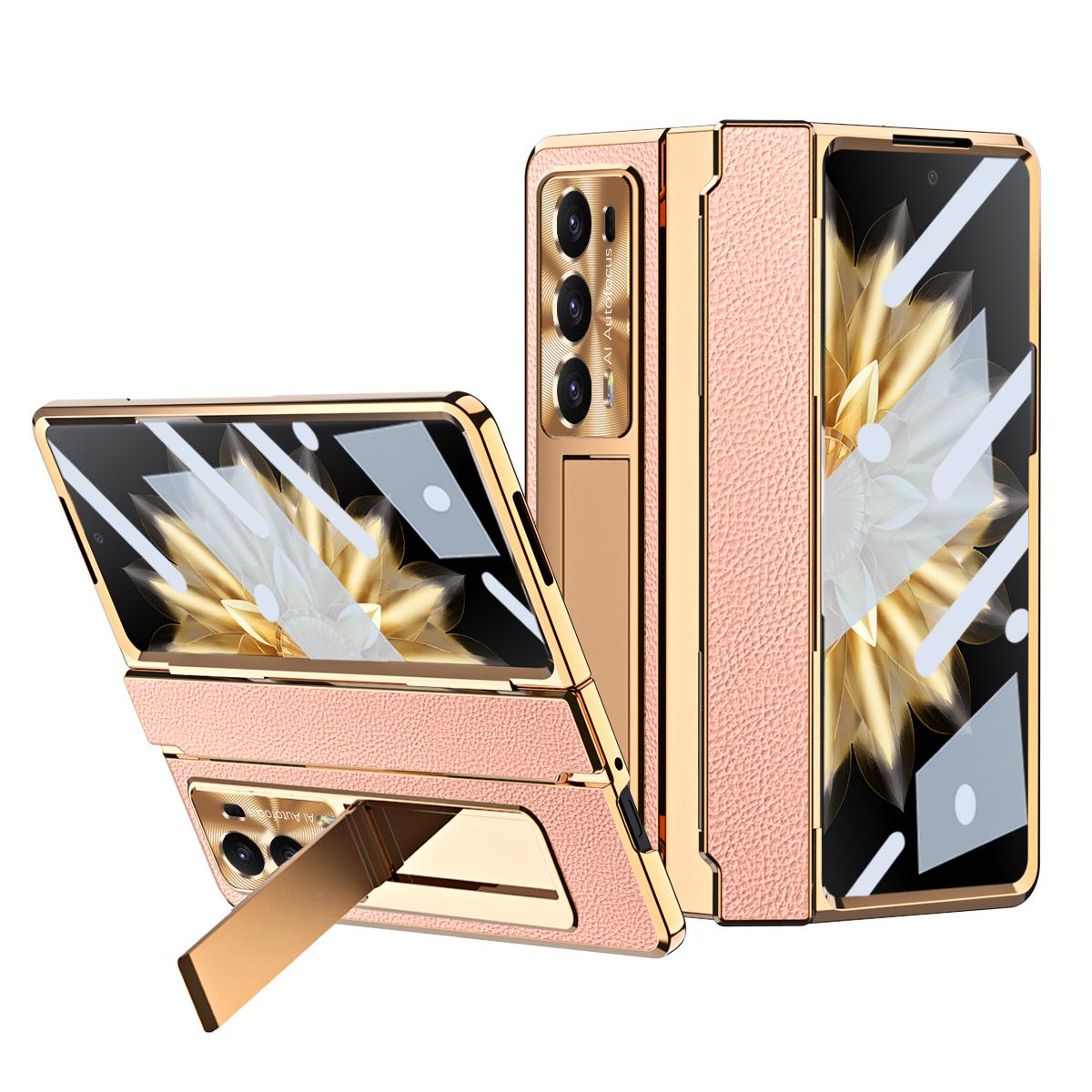 

For Honor Magic V2 5G Kickstand Cell Phone Shell Hard PC Cover Case with Tempered Glass Screen Film Pink Gold